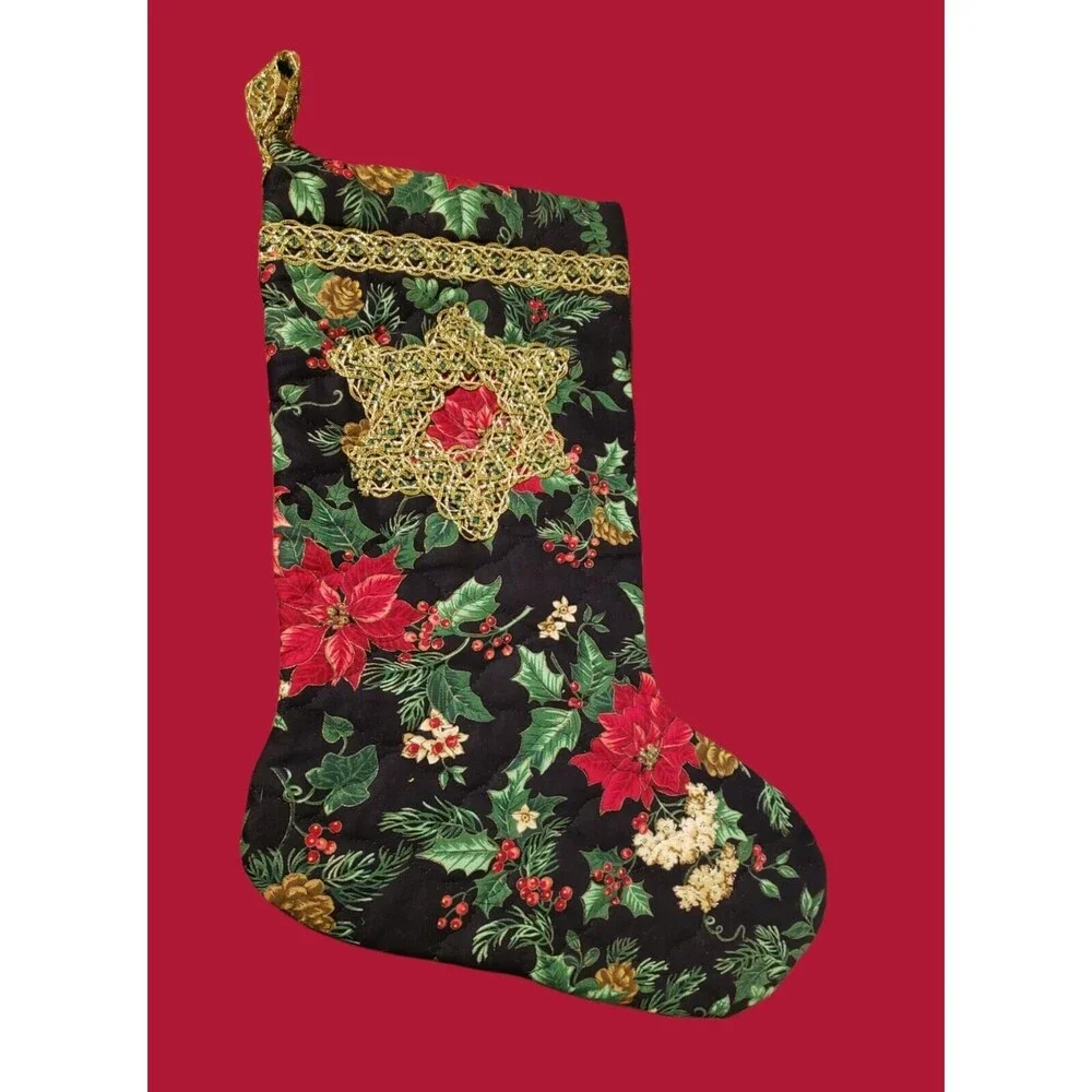 Christmas Green Red Gold Stocking Poinsettia Pinecone Berries Applique 16